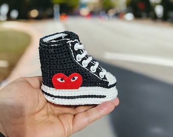 Crochet Baby Sneakers - Soft Cotton Newborn Booties - Baby Shower Gift - Snug Newborn Kicks Shoes, Cozy Heart Logo, Baby Unisex Outfit Gifts