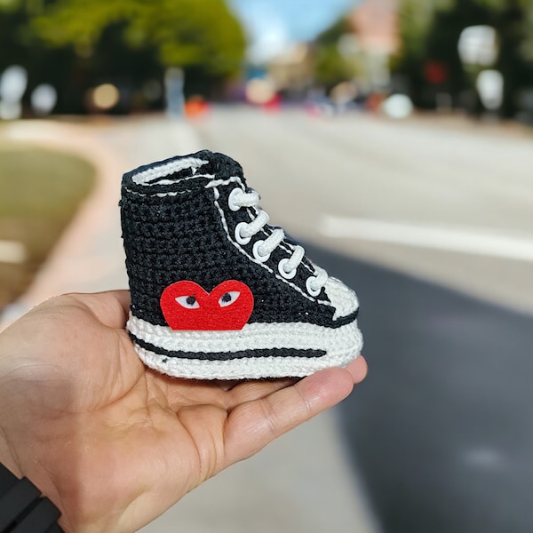 Crochet Baby Sneakers - Soft Cotton Newborn Booties - Baby Shower Gift - Snug Newborn Kicks Shoes, Cozy Heart Logo, Baby Unisex Outfit Gifts