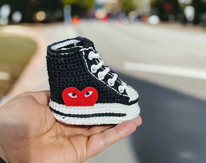 Crochet Baby Sneakers - Soft Cotton Newborn Booties - Baby Shower Gift - Snug Newborn Kicks Shoes, Cozy Heart Logo, Baby Unisex Outfit Gifts