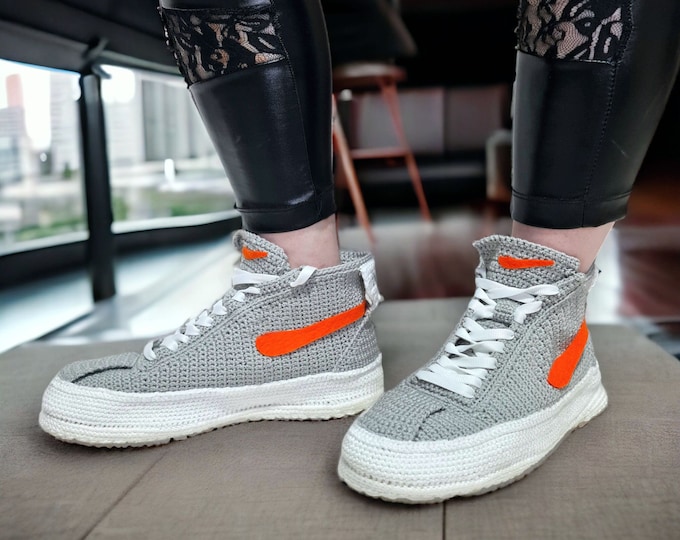 Custom Crochet High-Tops Sneakers Slippers in Grey - Handmade Vegan Shoes