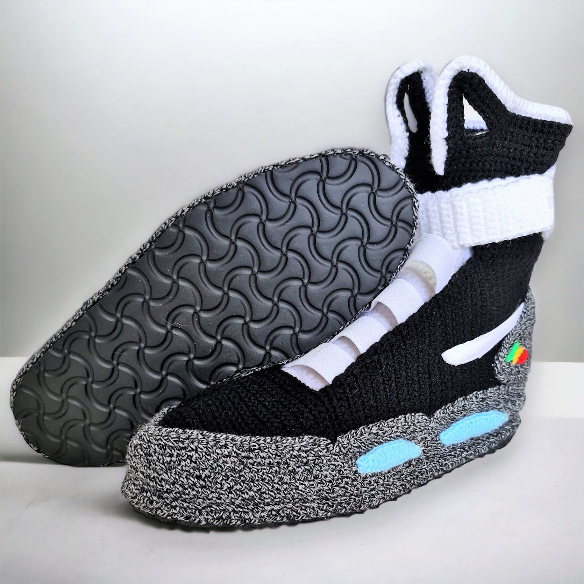 Black Air Mag Sneakers Slippers Back to the Future Shoes Marty Mcfly Sneaker Crochet Knitted Plush Booties Custom Cosplay BTTF Shoes Etsy UK