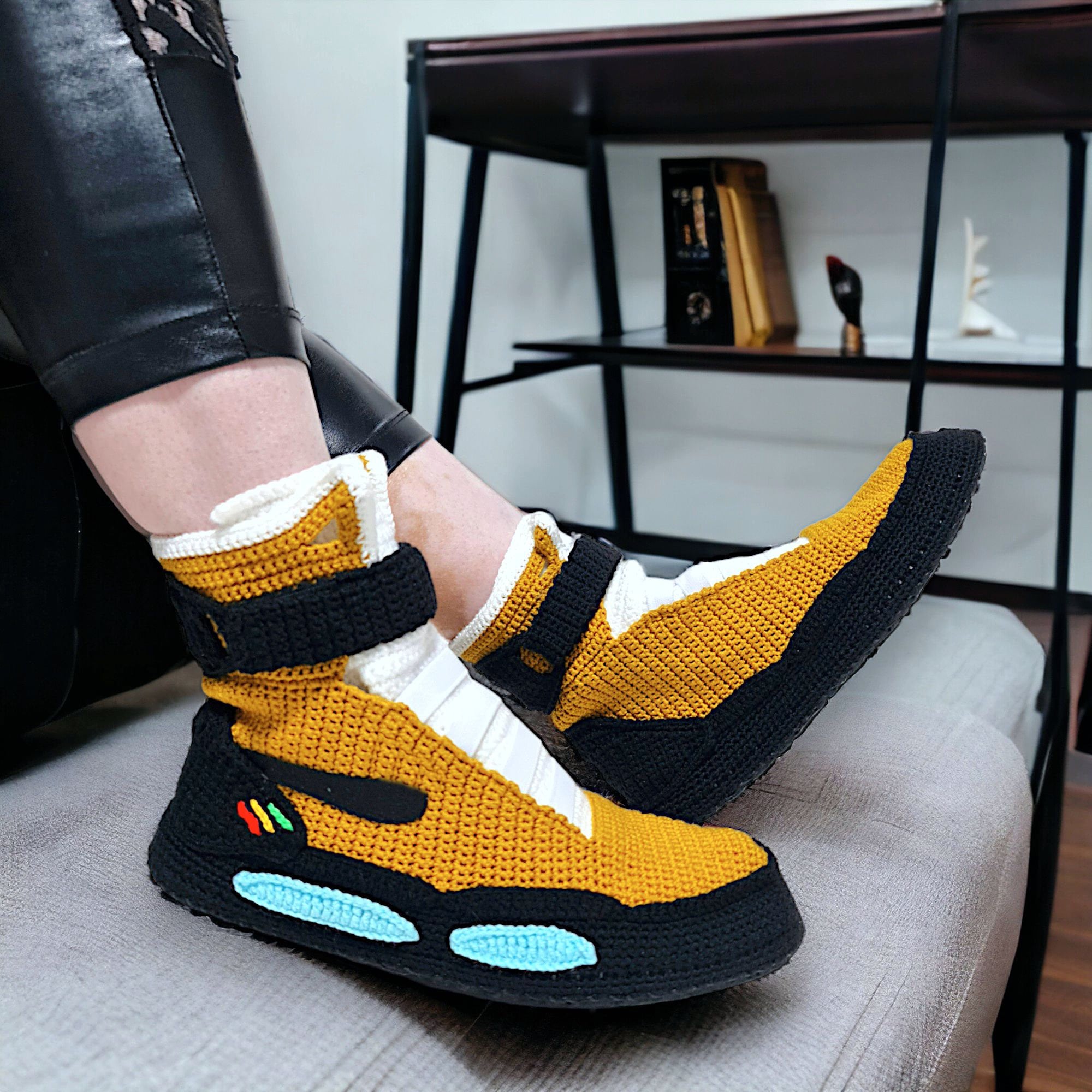 Black Custom Crochet Air Mag Sneaker Slippers – Soft-Sole Edition, close-up yarn and stitch detail by By Seay