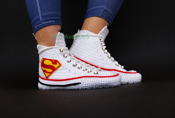 Knitting Crochet Converse Chuck Taylor All Star Hi Supermen Sneaker, Supermen WomensMens Shoes, Cosplay Superman Shoes, White Converse Gift Knitting Crochet Converse Chuck Taylor All Star Hi Supermen Sneaker, Supermen WomensMens Shoes, Cosplay Superman Shoes, White Converse Gift