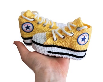 Yellow Booties Canvas Baby Natural Cotton Newborn Socks, Wool Crochet Organic Knit Slippers, Sneakers Style Handmade Toddler Shoes, New Mom