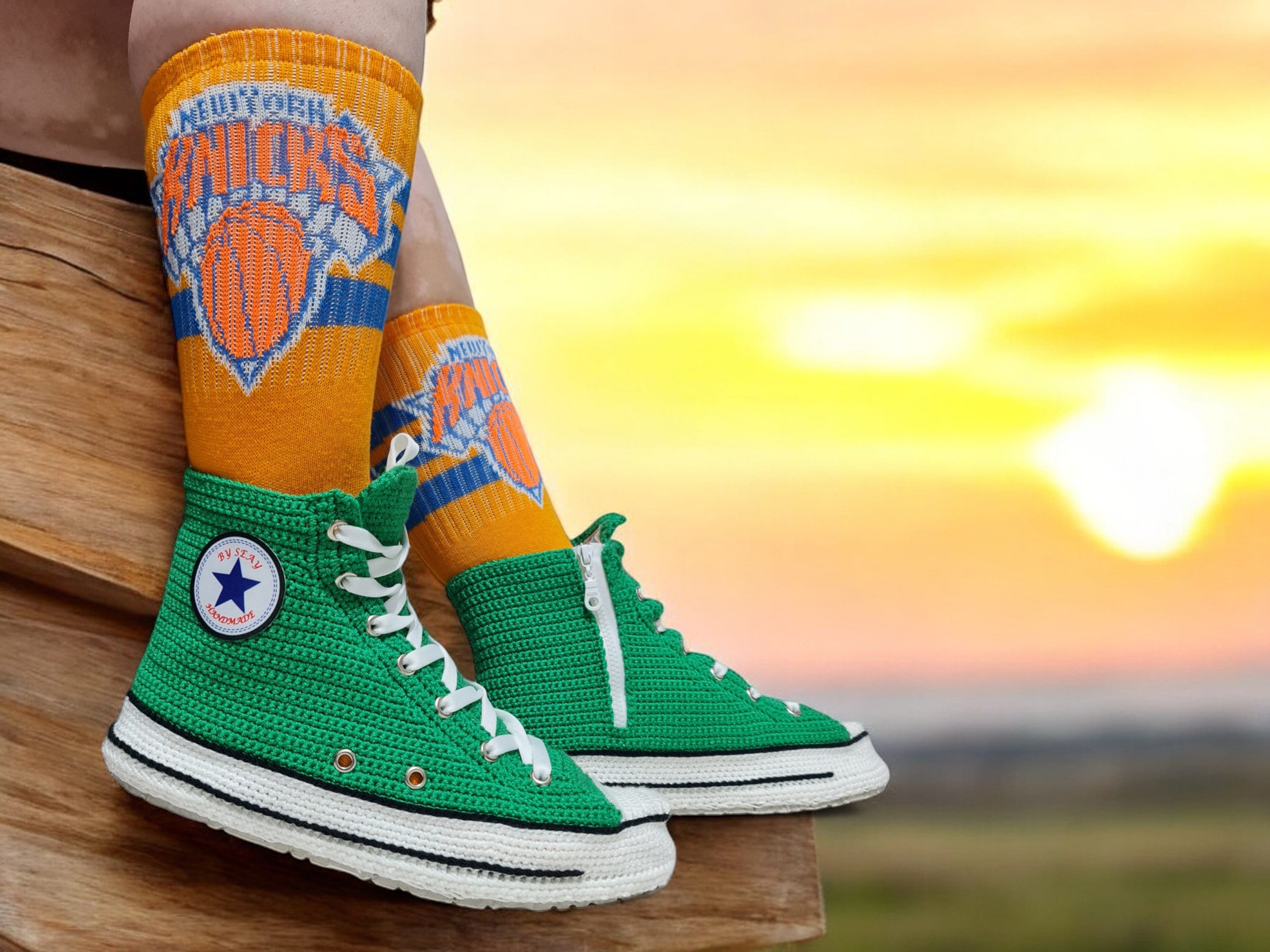 Crochet Green Converse Style Sneakers Slippers Men and Women Customizable Knitted Shoes Non Slip Sole Eco Friendly Indoor Outdoor