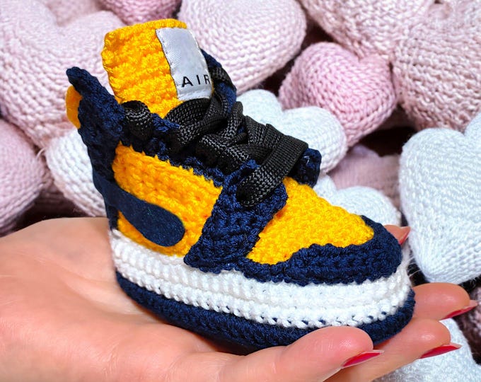 Custom Baby Basketball Booties Navy and Yellow High Top Crochet Jordan Style Shoes