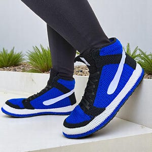 Handmade crochet Jordan sneakers slippers with high top design, perfect as cool home shoes or sneakerhead gift.