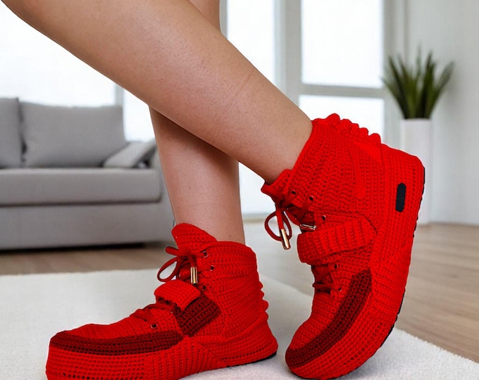 Handmade Crochet Red October Style Sneaker Slippers – Unique High Top Knit Slippers, Cozy Red Unisex House Shoes, Gift for Sneakerheads