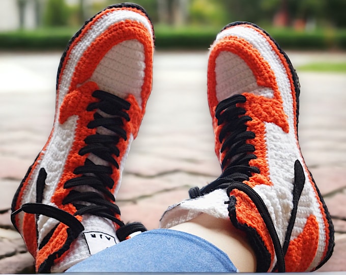 Knitted Jordan Style Orange Sneakers Slippers - Custom High Tops for Him and Her - Basketball Plush Retro House Shoes