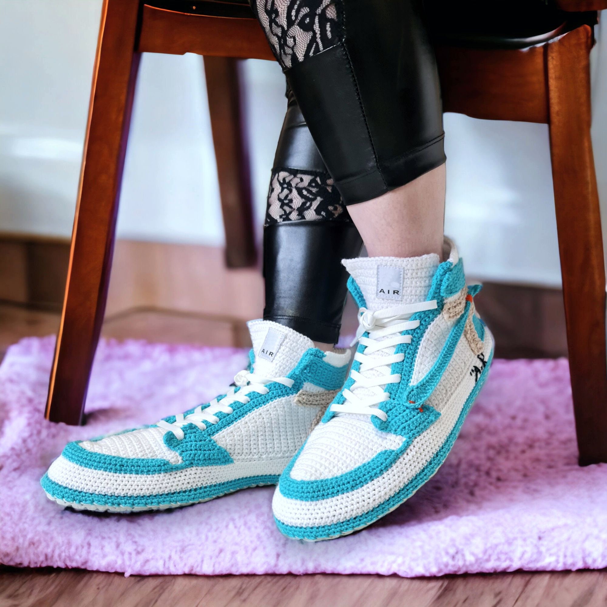 High-Top Crochet Basketball Sneaker Slippers, sole, shape and finishing detail by By Seay