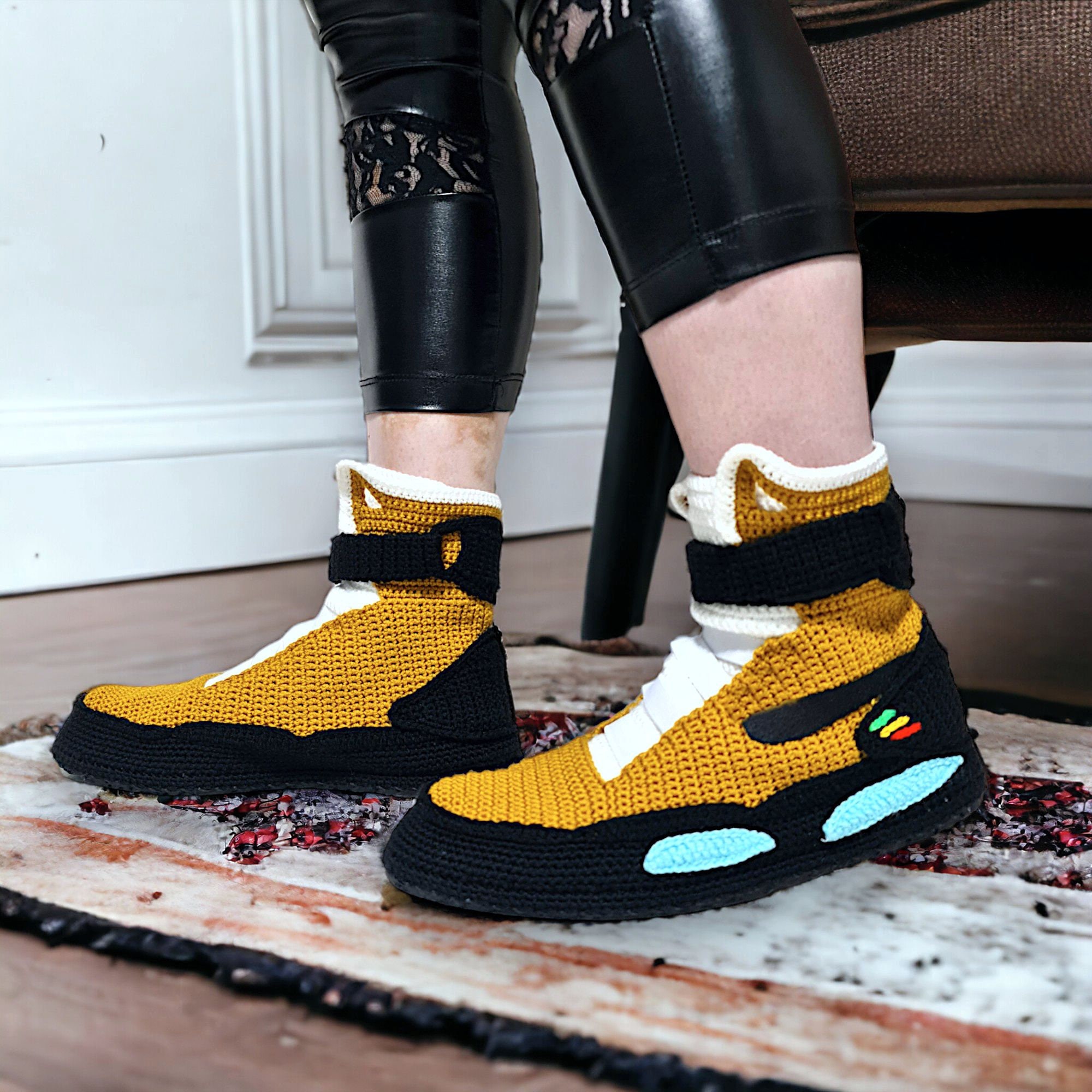 Black Custom Crochet Air Mag Sneaker Slippers – Soft-Sole Edition, side profile and crochet construction by By Seay
