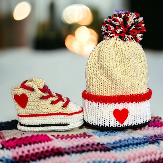 Custom off White Baby Hat and Booties Set Crochet Knit Converse style Beanie and Newborn Shoes Gender Neutral 0 3 3 6 6 9 9 12 Months Etsy