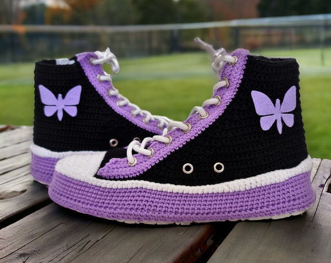 Purple Butterfly Womens Slippers, Custom Knitted Sneakers, Stylish Winter Wool Warmth, Unique Christmas Gift, Zipper Indoor Plush Soft Shoes