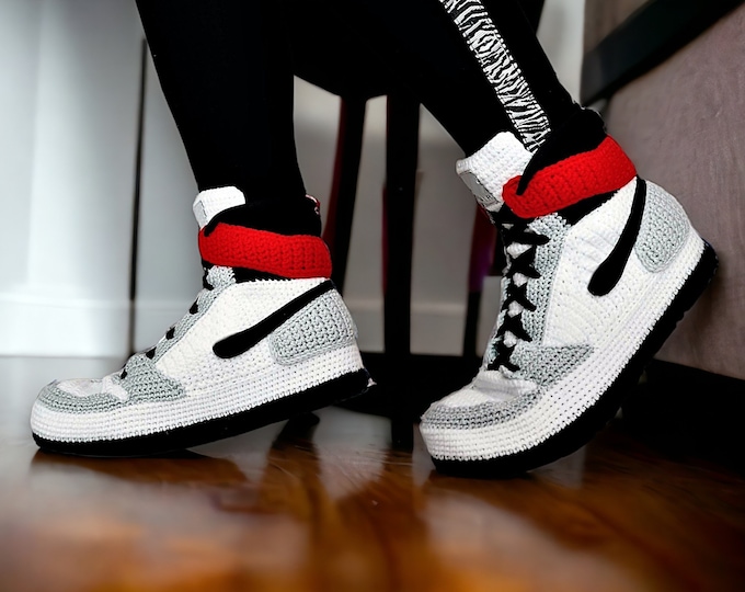 Custom Knitted Jordan Inspired Sneaker Slippers - Rare Plush Basketball Fan Gifts - Handmade Smoke Grey Crochet House Men/Women Shoes
