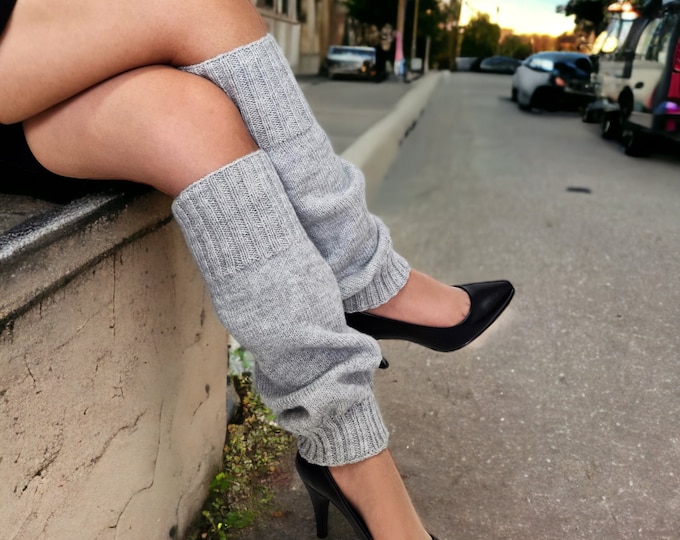 Handmade Grey Crochet Leg Warmer - Knee Length Pure Organic Wool Knit Tights, Unique Y2K Winter & Summer Fashion Accessory Women and Girls