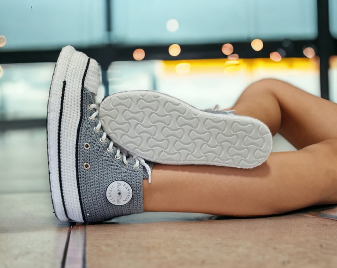 Custom Grey High-Top Knitted Sneakers, Cozy Lace-Up Slipper Boots, Converse-Style Retro Crochet Breathable Slippers, Non-Slip Rubber Sole