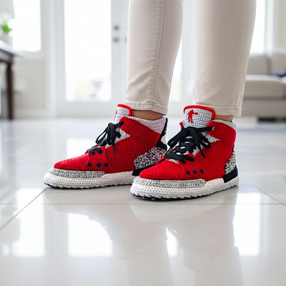 Jordan Crochet Retro Basketball Sneakers Slippers, Red Cement