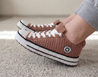 Brown Crochet Sneakers Slippers, Unisex House Custom Shoes, Classic Canvas Style, Sneaker Lover Gift, Sneakerhead Kicks, EVA Non Slip Sole