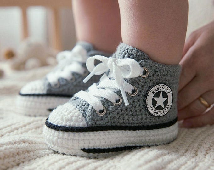 Handmade Baby Sneakers Crochet High Top Booties for Newborn Photoshoot Prop Gender Neutral Baby Gift Basket Idea New Dad Gift