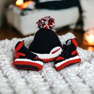 Crochet Baby Jordans Style Booties and Beanie Set | Baby Shower Favors ...