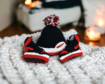 Crochet Baby Jordans Style Booties and Beanie Set Baby Shower