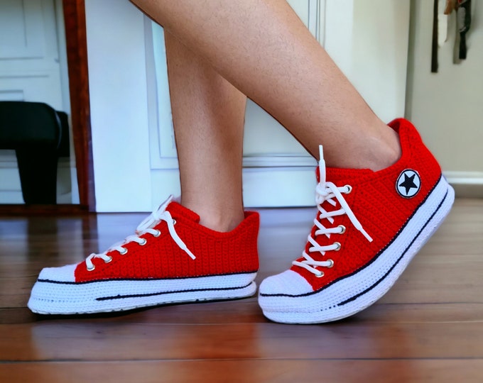 Red Sneakers Slippers, Low Top Custom Knit Canvas, Tennis Shoes Boots, Mom Birthday Gift, Indoor Slip On, Christmas Stockings Crochet Gifts