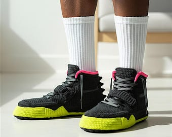 Benutzerdefinierte häkeln Kicks Sneakers, kuschelige Hausschuhe, Unisex Plüsch gestrickte Socken, Hip Hop Streetwear Schuhe, Sneakerhead Hypebeast Outfit, Musik Geschenk
