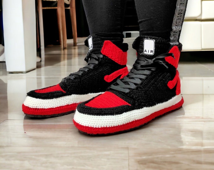 Custom Knitted Basketball Jordans-Style Slippers, Non-Slip Rubber Sole, Personalized Men Women House Shoes, Organic Cotton Retro Plush Shoes