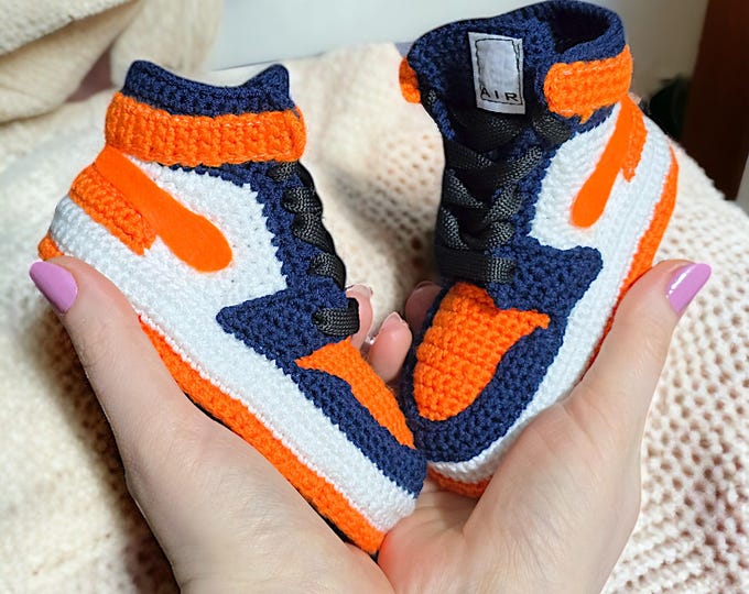 Handmade Crocheted Baby Jordan Style Sneakers in Orange and Navy Blue