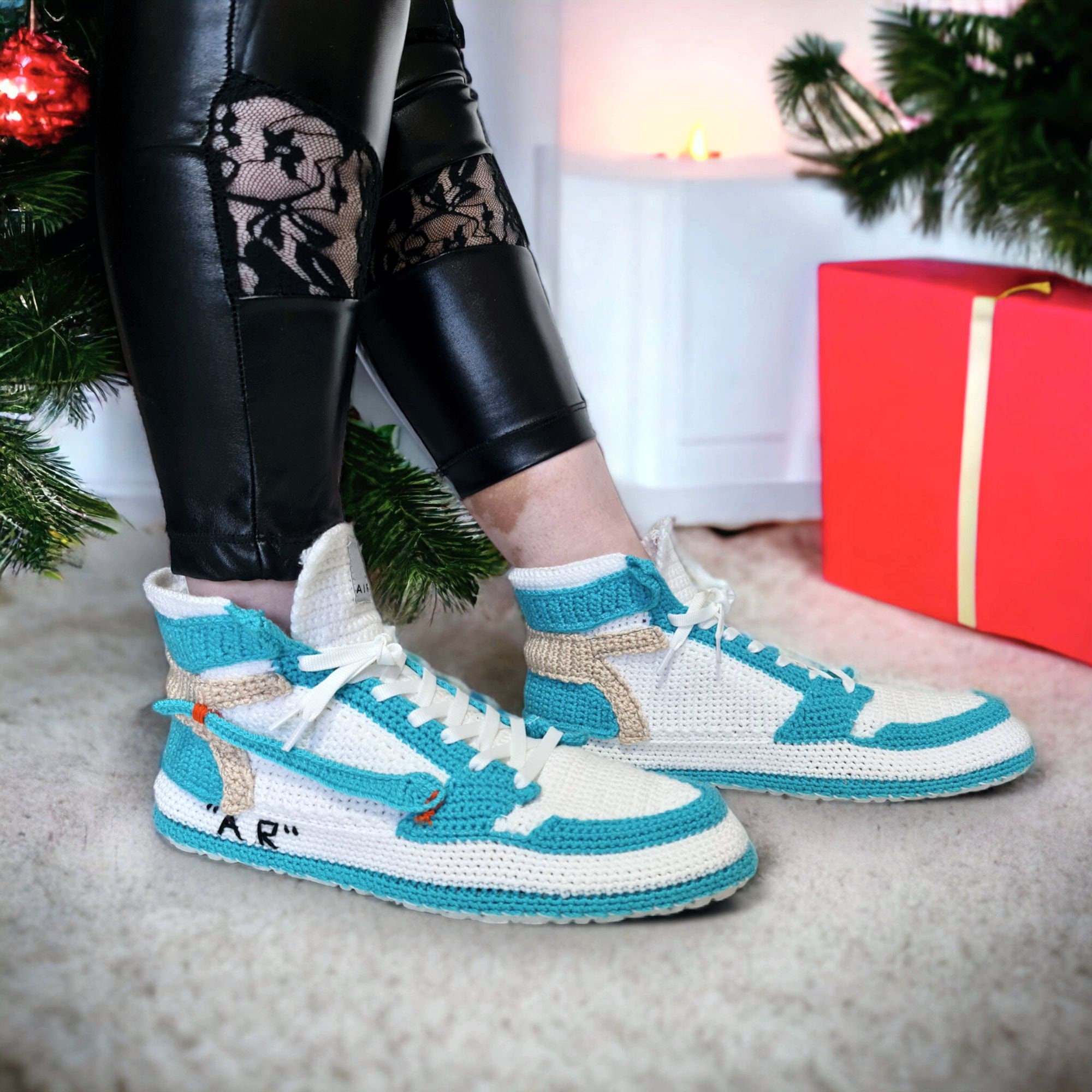 High-Top Crochet Basketball Sneaker Slippers, close-up yarn and stitch detail by By Seay