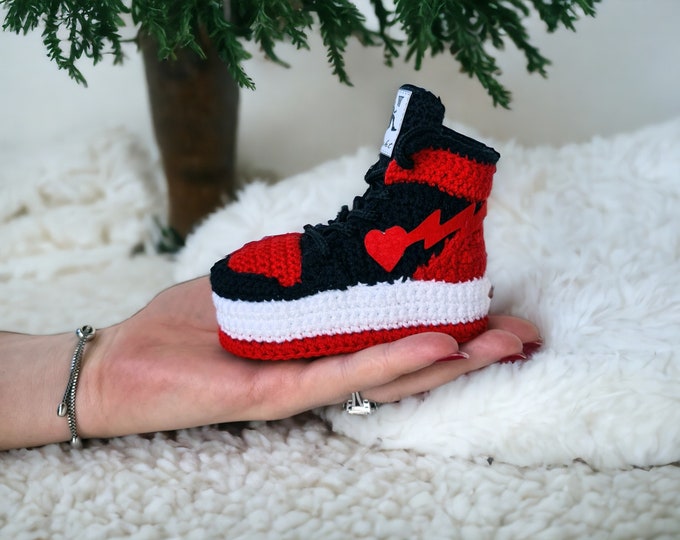 Custom Crochet Baby Basketball MVP Booties Sneakers - Newborn Gift for Basketball Fans - Red and Black Baby Shoes - Baby Coming Home Outfit