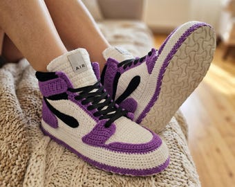 Crochet Jordan Style Purple Slippers, Retro Basketball Knit Sneakers, Soft Fluffy Jordans House Shoes, AJ1 Custom Sneaker, Sneakerhead Gifts