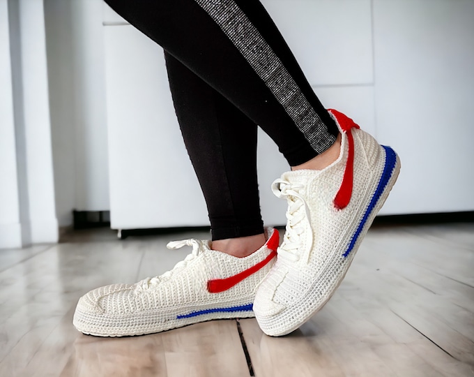 Custom Knit Sneakers Slippers - Vintage Fashion Low Tops - Sneakerhead Gifts for Retro Style - Red White Blue Classic Style Home Shoes
