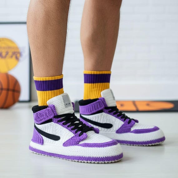 Crochet Jordan Style Purple Slippers, Retro Basketball Knit