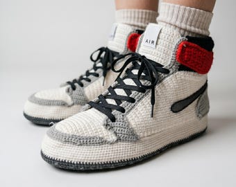 Crochet Jordan-Style Smoke Gray Sneaker Slippers, Unisex High-Top House Shoes, Cozy Non-Slip Knit Basketball Sneakers, Gift for Sneakerheads