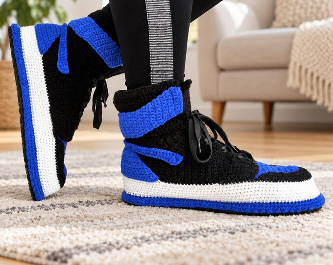 Handmade Jordan Style Crochet Sneakers, Blue Black Adult House Slippers, High Top Basketball Shoes, Unisex Sneakerhead Gift, Custom Kicks