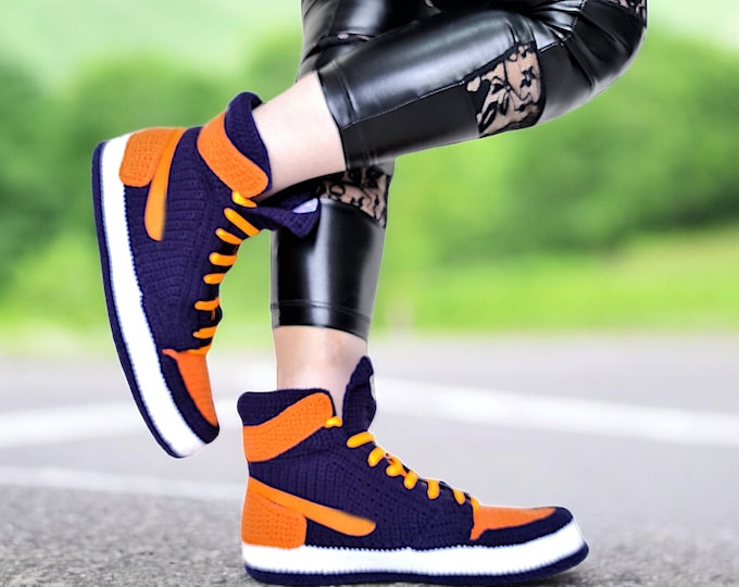 Navy Blue & Orange Jordan-Like Crochet Basketball Sneakers Slippers, Men, Women, Custom Big Sizes Shoes, Birthdays, Christmas, Anniversaries