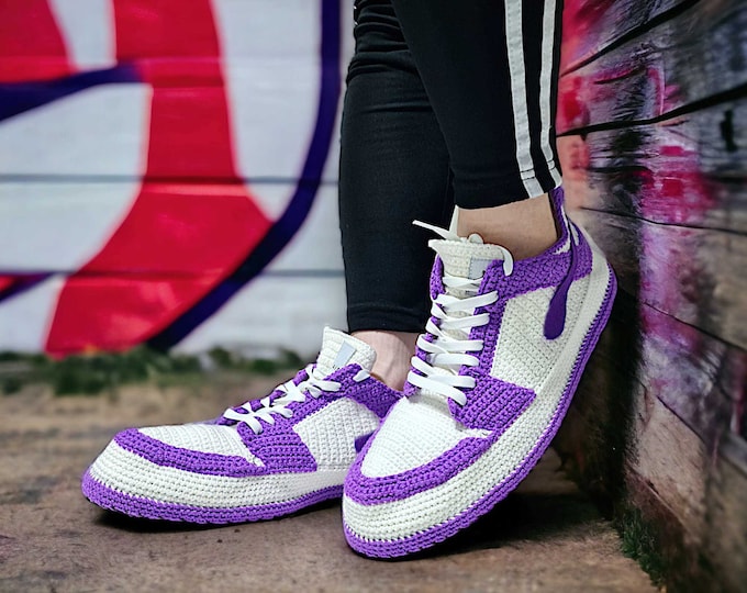 Custom Crochet Low-Top Slippers - Knitted Chic Booties - Cozy Purple & White Basketball Fan Retro Shoes - Retro Indoor Winter Sneakers Gifts
