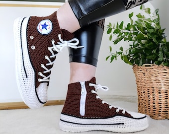 Zapatillas de zapatillas altas estilo Converse, zapatos de ganchillo de casa unisex personalizados, zapatillas de punto con cremallera, botines de lana marrón de felpa transpirables