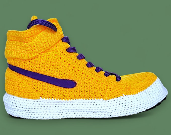 LA Basketball Jordan-Like Crochet Sneakers Slippers, Yellow & Purple, Custom Retro Shoes, Men, Women, Personalized, Sneakerheads Fans Gifts