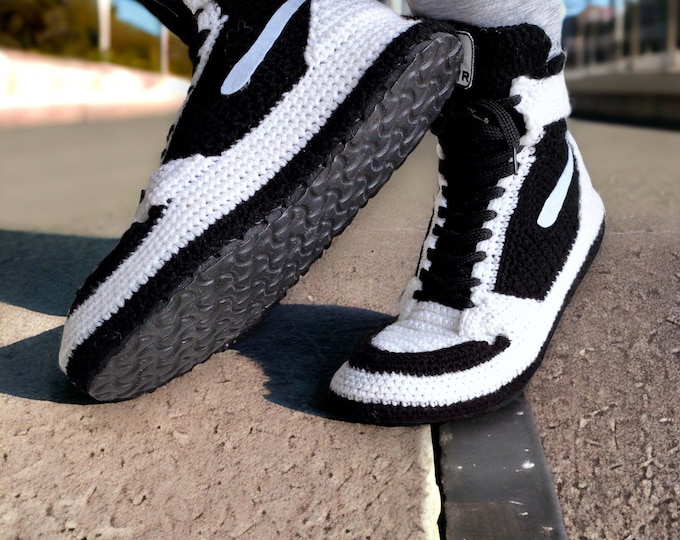Retro Custom Sneakers Slippers, Panda Crochet Booties, High-Top Basketball Shoes, Knitted Sneaker Plush Slippers, Handmade Basketball Gifts