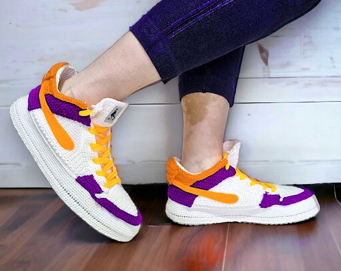 Crochet Sneaker Slippers, Custom Knitted Shoes, Basketball Fans Wear, Low Top Sneaker Purple & White Booties, Retro Sneakerhead Unique Gifts