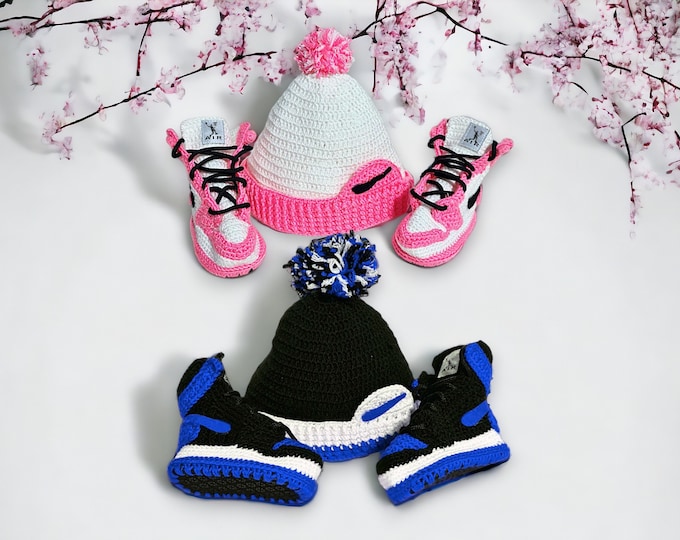 Crochet Baby Jordan Booties and Newborn Hat Set - Baby Shower Gifts - Newborn Photo Props - Baby Winter Sets, Baby Welcome, Modern Baby Wear