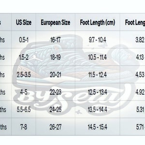 Op de afbeelding: Een tabel met baby schoenmaten in US, Europese maten en voetlengte in centimeters en inches. De tabel toont maten voor baby's van 0-3 maanden tot 18-24 maanden.