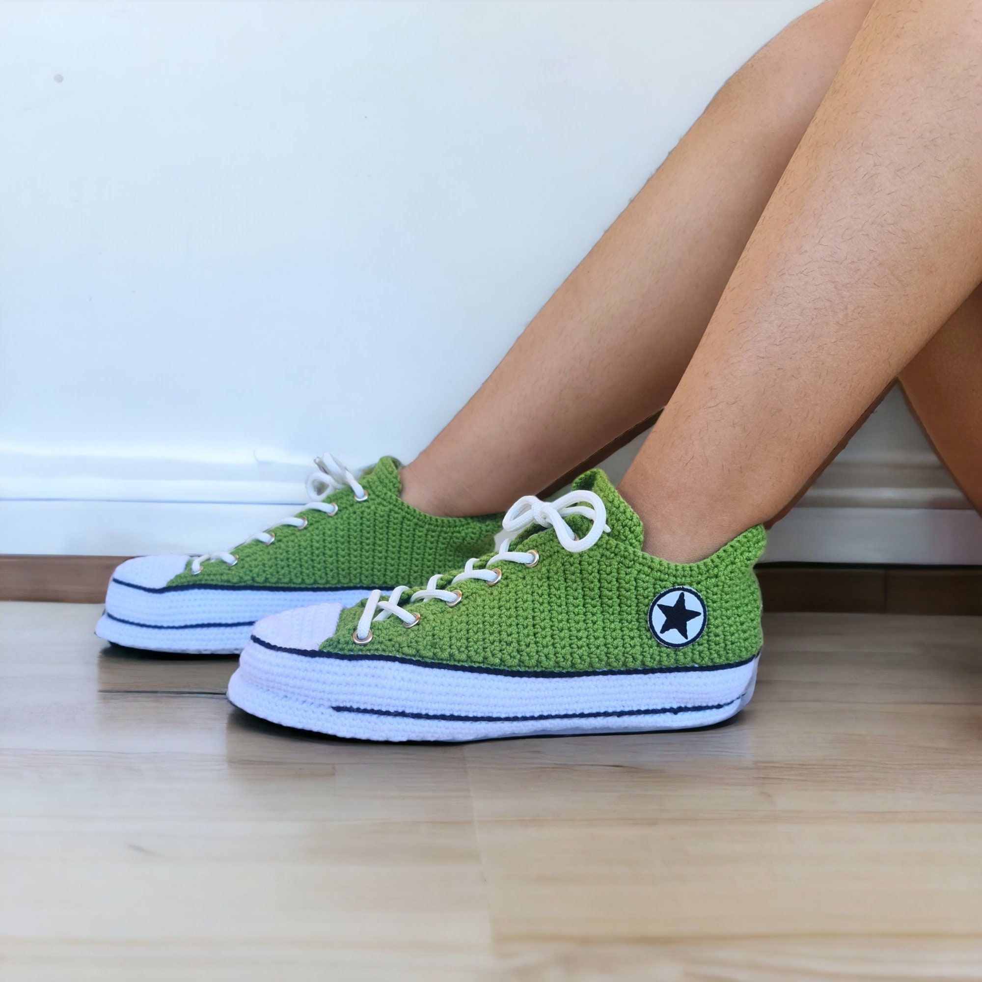 Green Low-Top Canvas Crochet Sneaker Slippers, sole, shape and finishing detail by By Seay