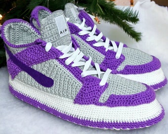 Customizable Cozy Slippers, Grey And Purple Sneakers, Unique Home Loungewear, Basketball Fan Gifts, Low Top Crochet Shoes, Chic Indoor Socks