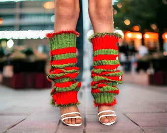 Custom Crochet Leg Warmers - Green - Red Stripe Golden Buttons, Knee High Wool Socks, Ballet & Dance, Yoga, Winter, Summer, Long Sock Women