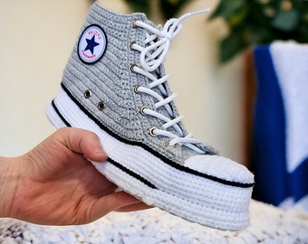 Gray Converse-style Crochet Sneakers Slippers Custom Wool Blend