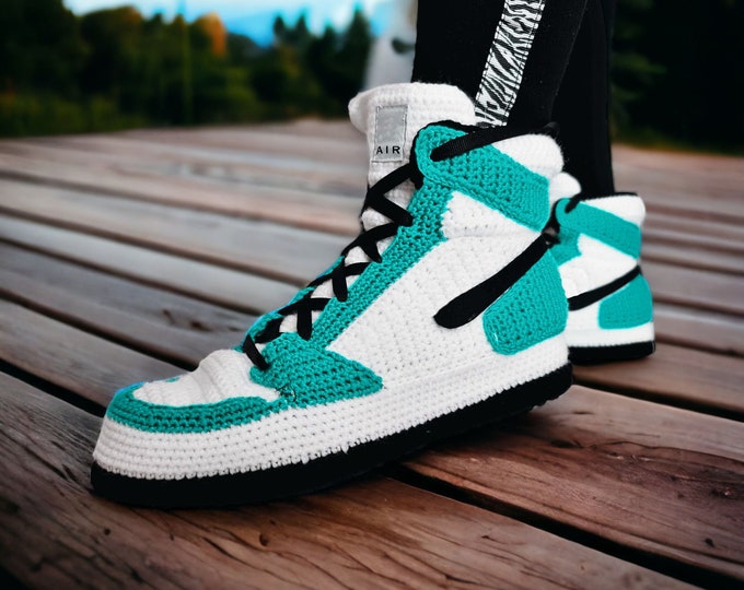 Lucky Green Sneakers Slippers, Handmade Knitted Crochet Shoes, Custom Basketball Gift, Plush Booties Socks, Personalized Gifts for Couples