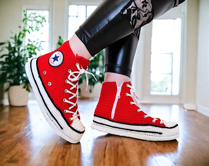 Crochet High-Top Red Sneakers - Classic Chuck-Style - Mens & Womens Comfortable Winter Boots - Non-Slip Rubber Sole - Custom Knitted Slip-On